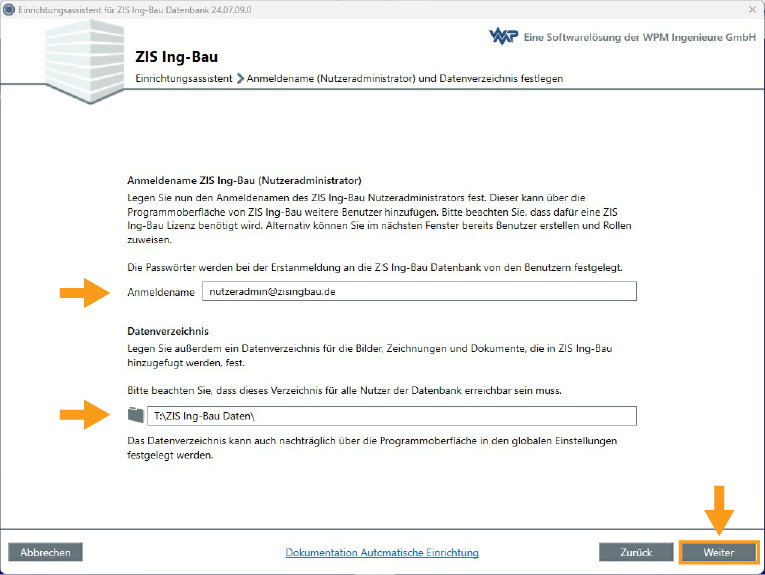 Anmeldenamen und Datenverzeichnis